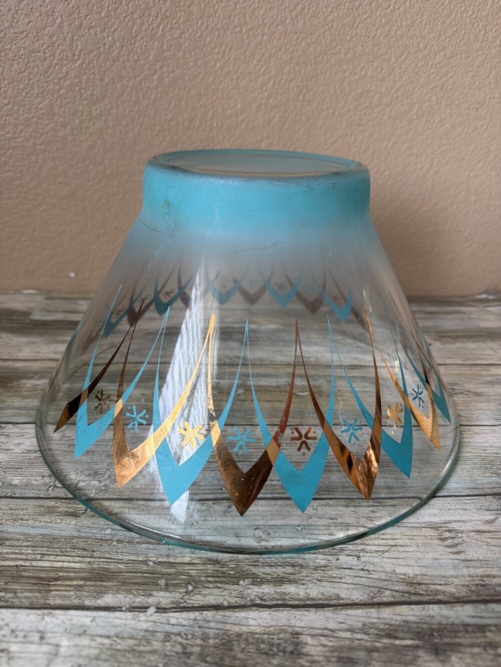 Vintage Anchor Hocking Blendo Atomic Happy Hour Chip Serving Bowl Turquoise Gold - Picture 7 of 13